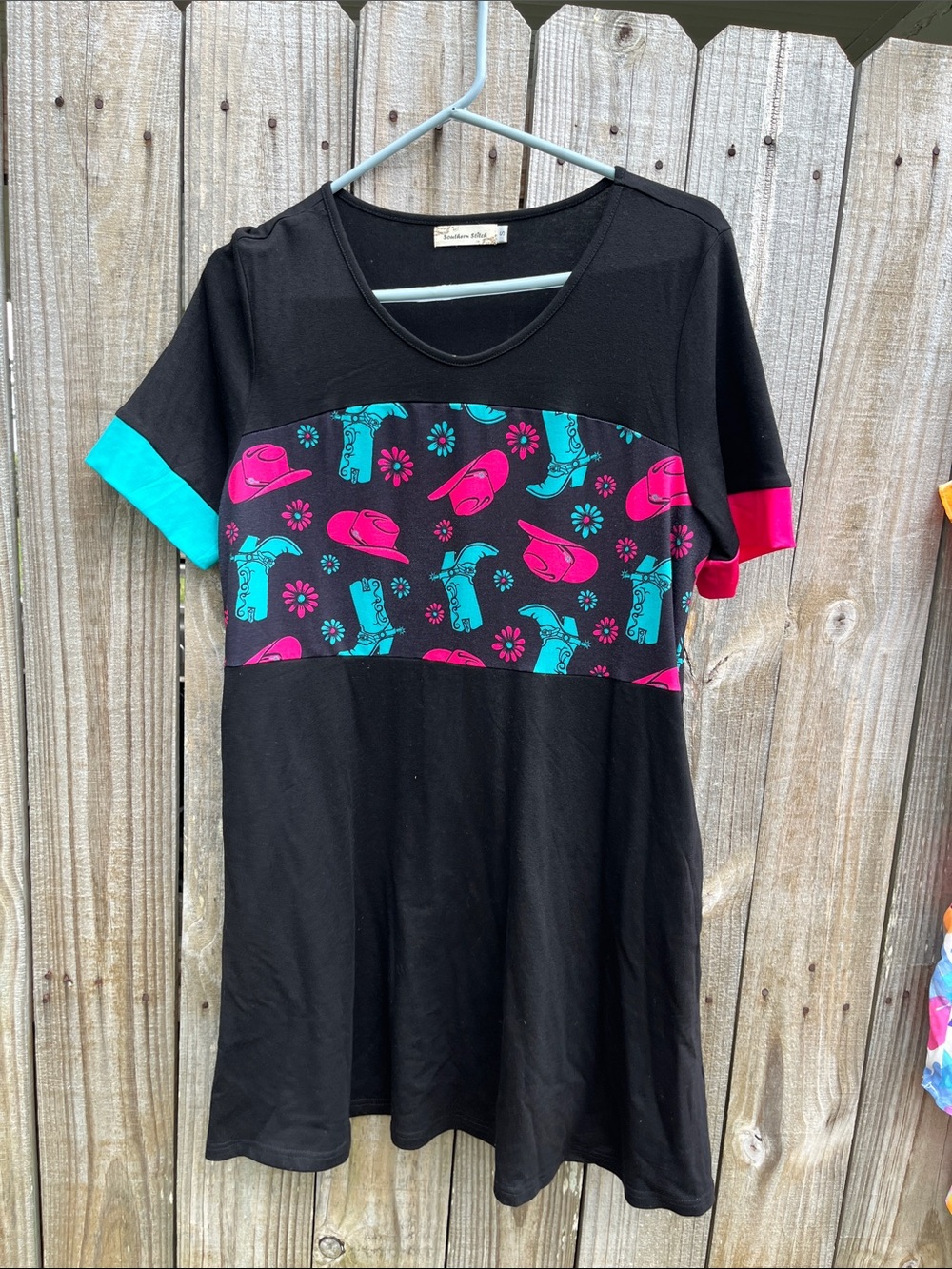 Black Tee Dress with Pink & Teal Western Print